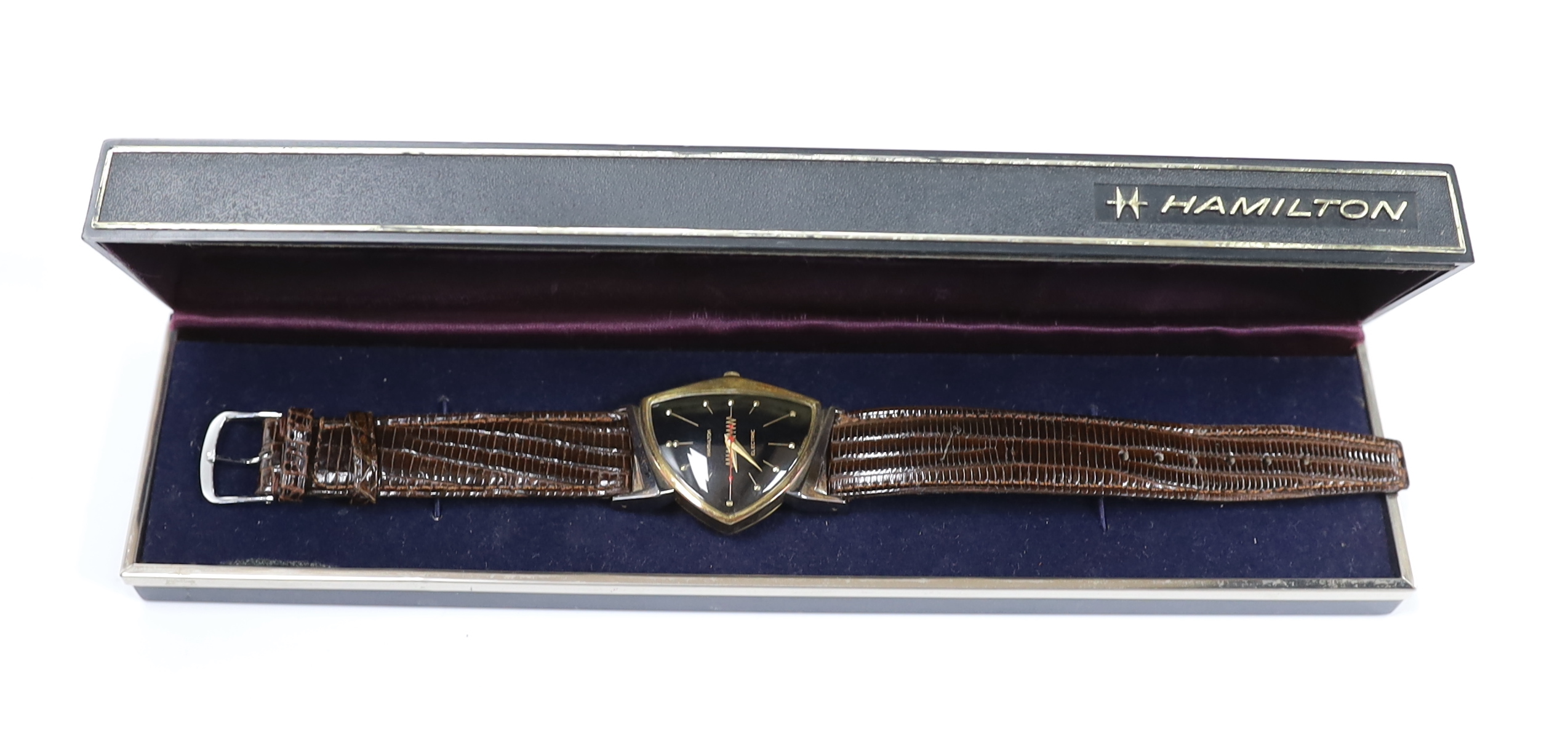 A gentleman's 10k gold filled Hamilton Electronic wrist watch, on a later lizard strap, with Hamilton box.